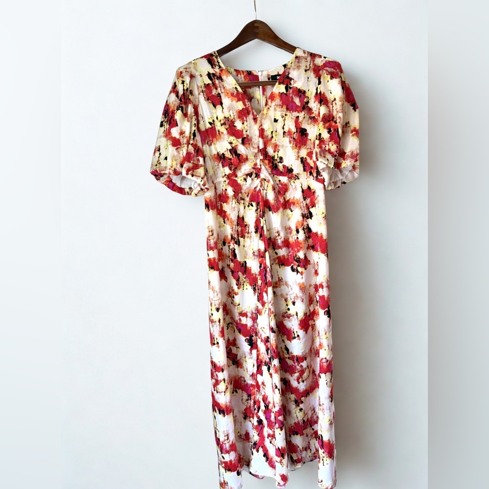 DKNY Abstract Floral Puff Sleeve V-Neck Maxi -, Romantic, Artsy, Modern - Medium